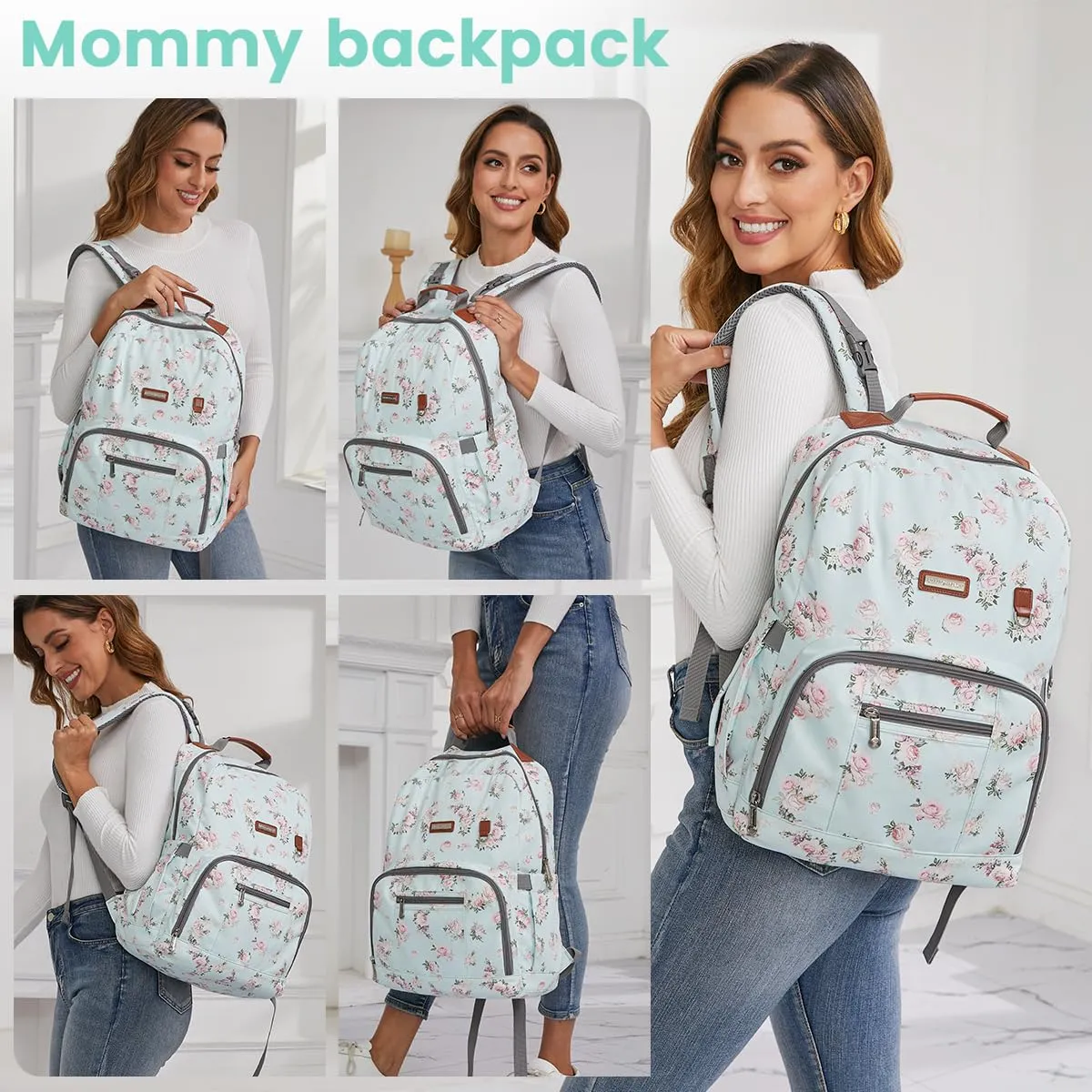 BILLITON MSHI Diaper Bag Backpack for Women Large Capacity Waterproof -Multifunctional with Insulated Pockets for Baby Girl Boy, Unisex Maternity Travel Bag-Flowers Blue
