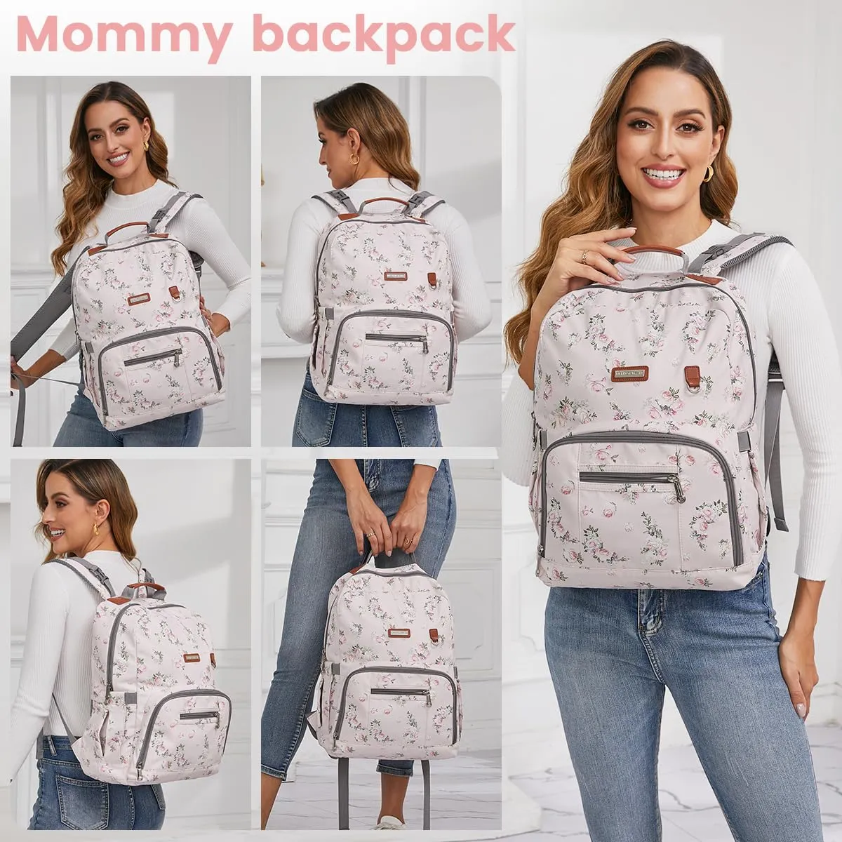 BILLITON MSHI Diaper Bag Backpack for Women Large Capacity Waterproof -Multifunctional with Insulated Pockets for Baby Girl Boy, Unisex Maternity Travel Bag-Flowers Pink