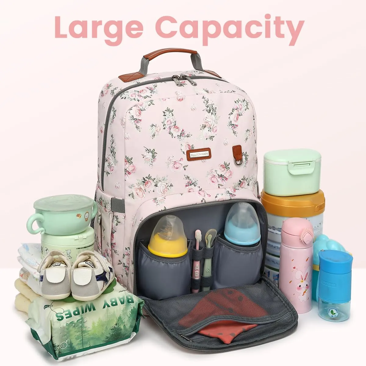 BILLITON MSHI Diaper Bag Backpack for Women Large Capacity Waterproof -Multifunctional with Insulated Pockets for Baby Girl Boy, Unisex Maternity Travel Bag-Flowers Pink