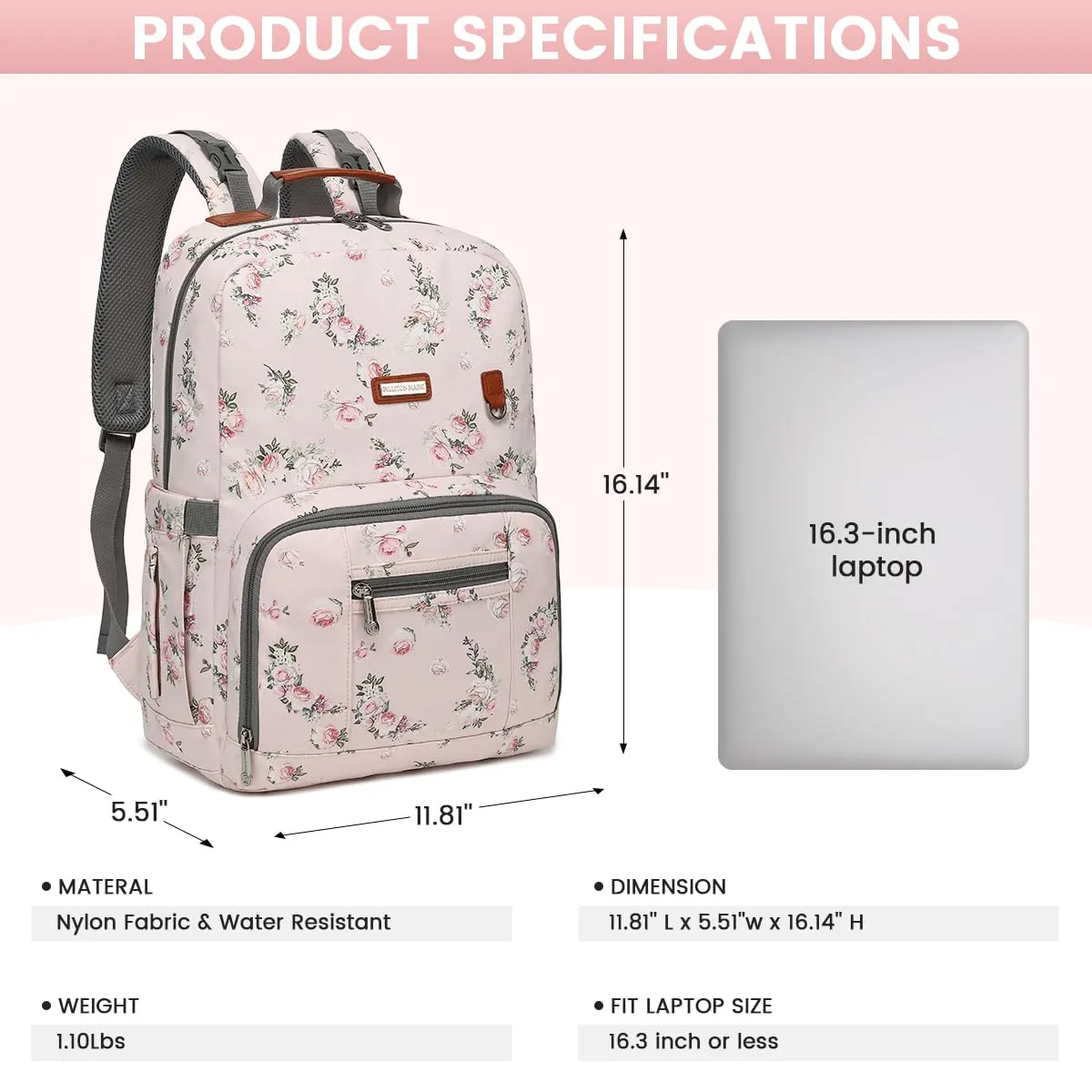 BILLITON MSHI Diaper Bag Backpack for Women Large Capacity Waterproof -Multifunctional with Insulated Pockets for Baby Girl Boy, Unisex Maternity Travel Bag-Flowers Pink