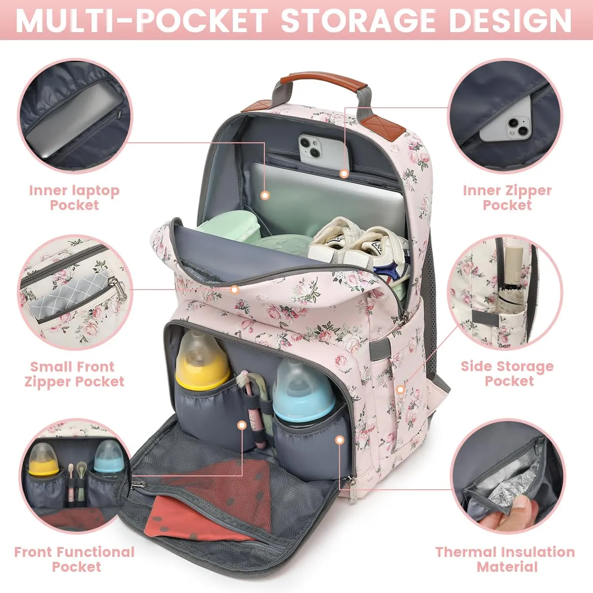 BILLITON MSHI Diaper Bag Backpack for Women Large Capacity Waterproof -Multifunctional with Insulated Pockets for Baby Girl Boy, Unisex Maternity Travel Bag-Flowers Pink