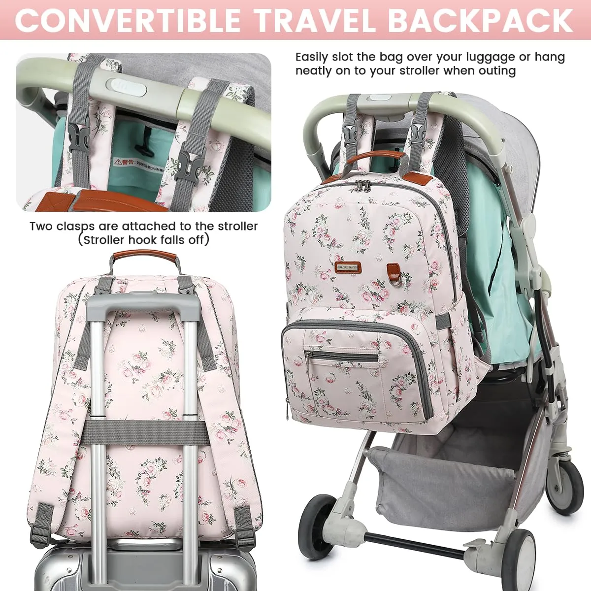 BILLITON MSHI Diaper Bag Backpack for Women Large Capacity Waterproof -Multifunctional with Insulated Pockets for Baby Girl Boy, Unisex Maternity Travel Bag-Flowers Pink