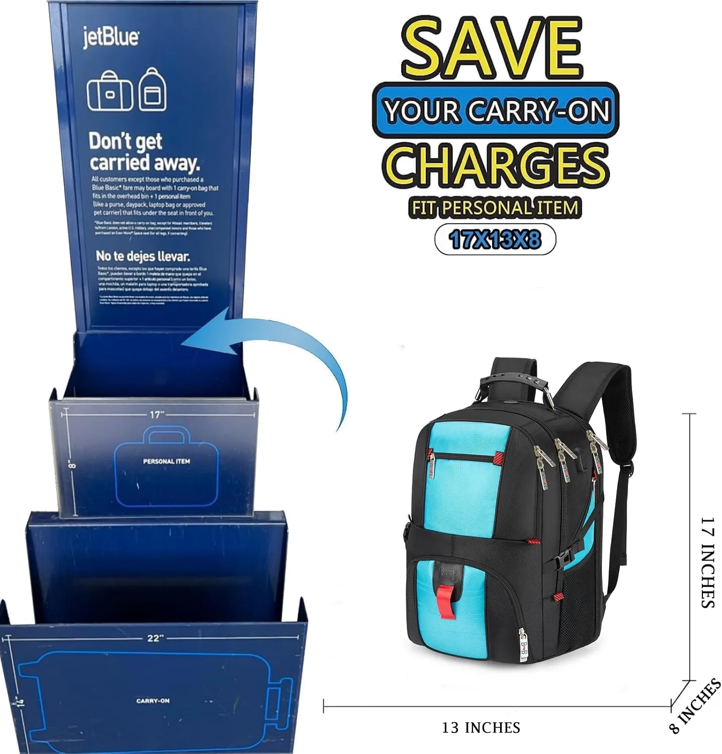 Boardingblue 17x13x8 Inches Laptop College Travel Backpacks for Men Women, Under-Seat Backpack for JetBlue, Spirit (Blue)
