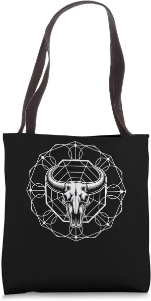 Bull Skull with Hexagonal Grid Sacred Geometry Tote Bag