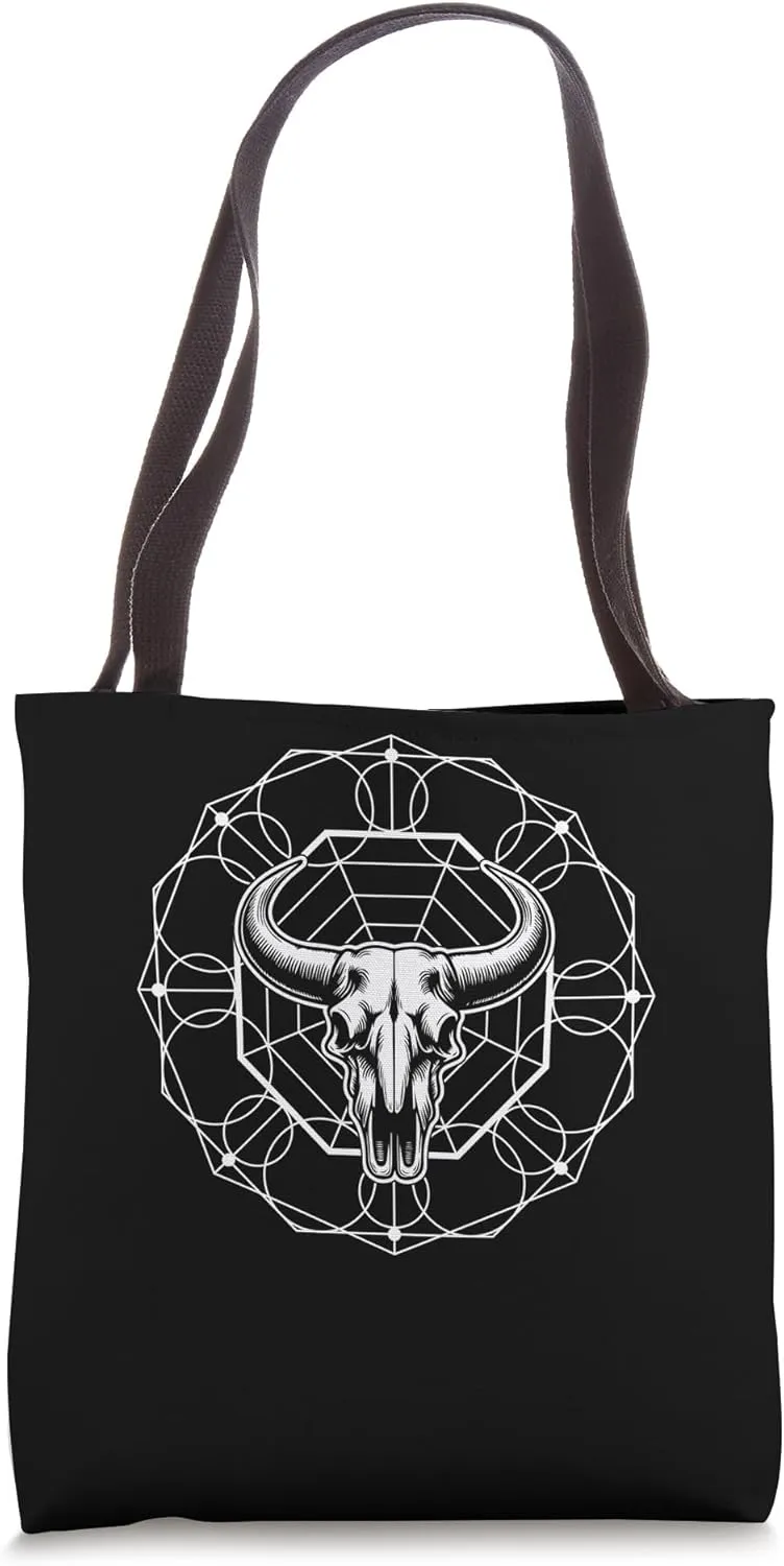 Bull Skull with Hexagonal Grid Sacred Geometry Tote Bag