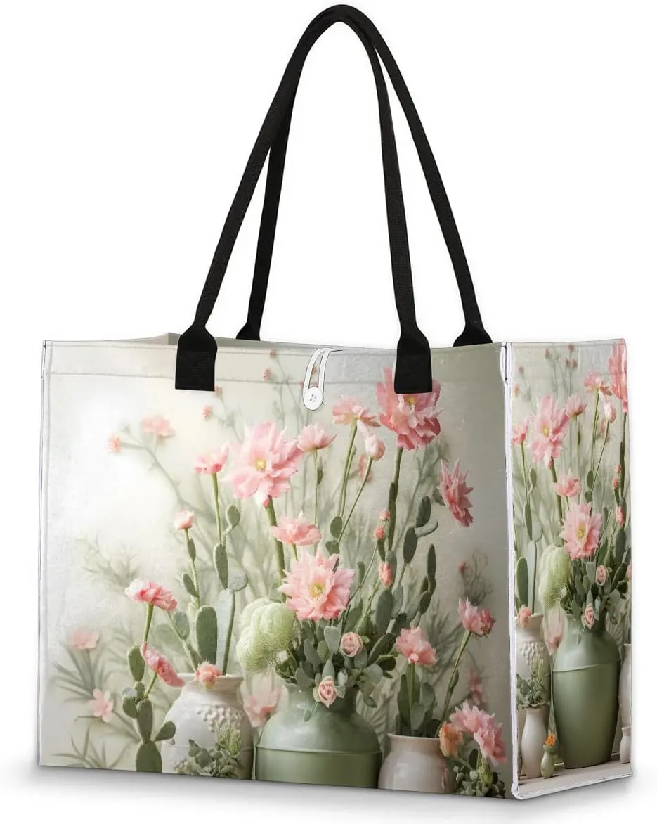 Cactus Botanical Flower Art Tote Bag for Women Reusable Grocery Bags Large Beach Bag Tote Bag for Work Shopping Travel Gym