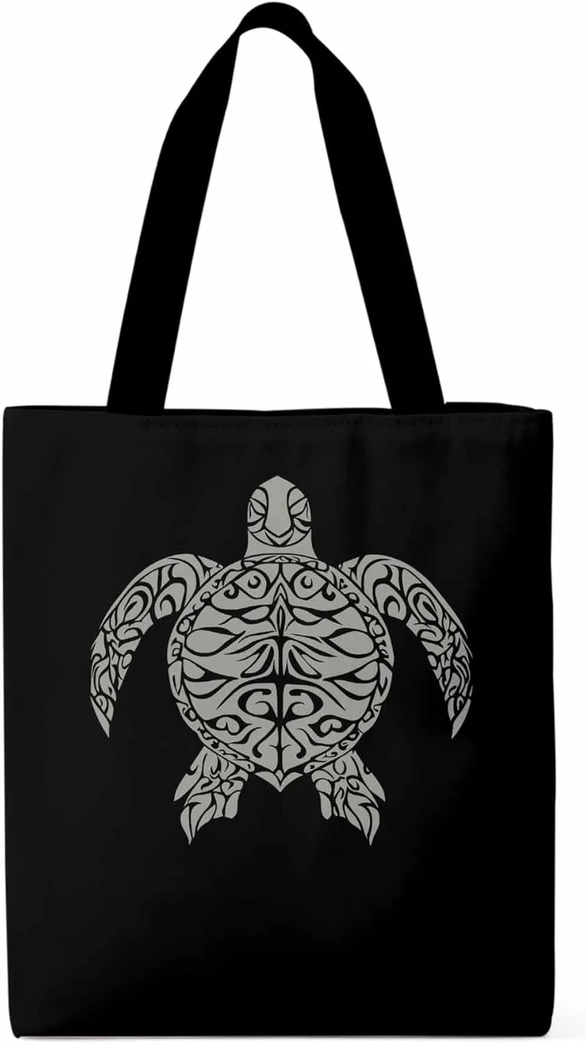 Canvas Tote Bag Totem Sea Turtle Reusable Grocery Shopping Bags with Handle, Ethnic Style Large Canvas