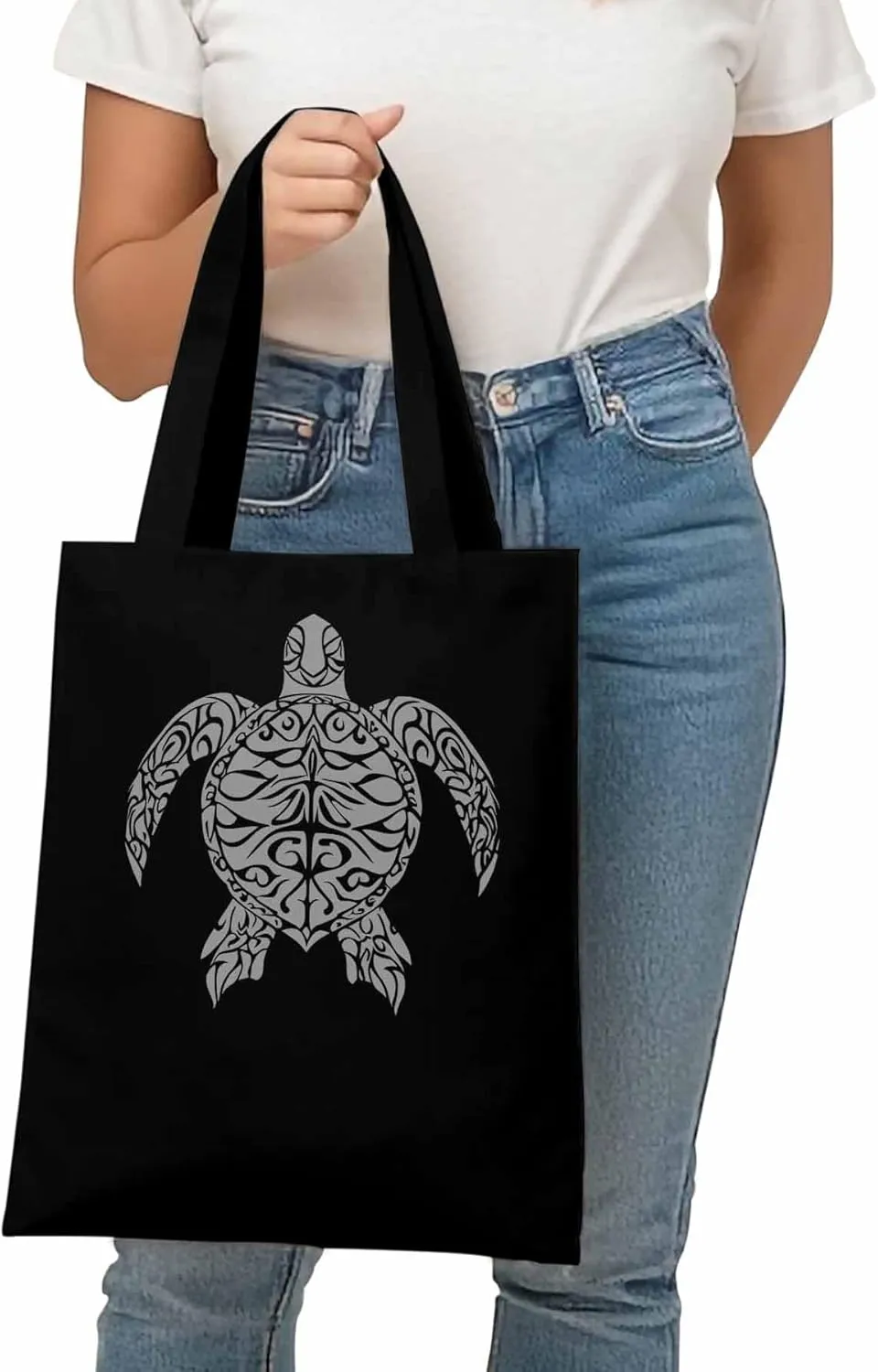 Canvas Tote Bag Totem Sea Turtle Reusable Grocery Shopping Bags with Handle, Ethnic Style Large Canvas