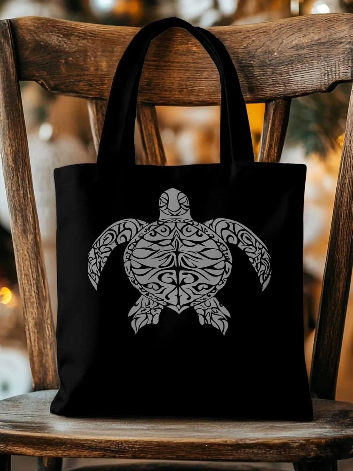 Canvas Tote Bag Totem Sea Turtle Reusable Grocery Shopping Bags with Handle, Ethnic Style Large Canvas