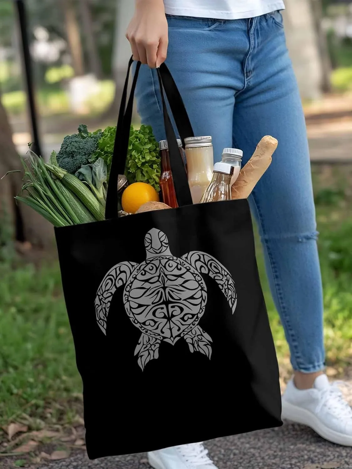 Canvas Tote Bag Totem Sea Turtle Reusable Grocery Shopping Bags with Handle, Ethnic Style Large Canvas