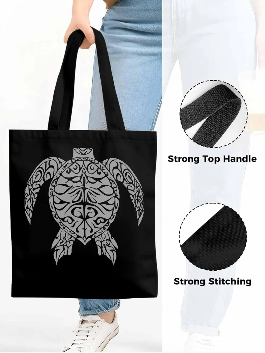 Canvas Tote Bag Totem Sea Turtle Reusable Grocery Shopping Bags with Handle, Ethnic Style Large Canvas