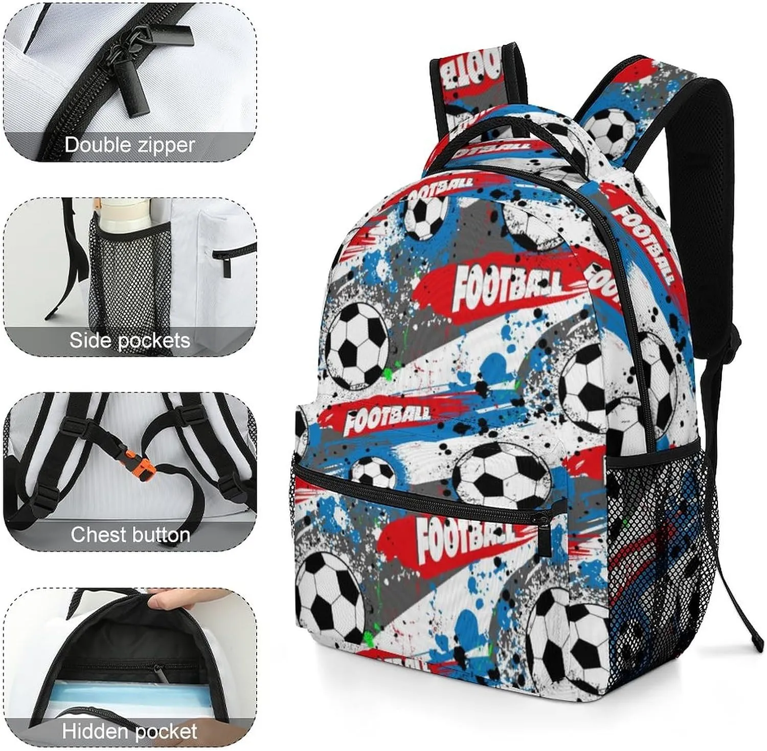 Cartoon Soccer Ball Backpack Football Large Casual Daypack with Chest Strap,Lightweight Computer Bags for Women Men Hiking Travel Work and Business 16 Inch