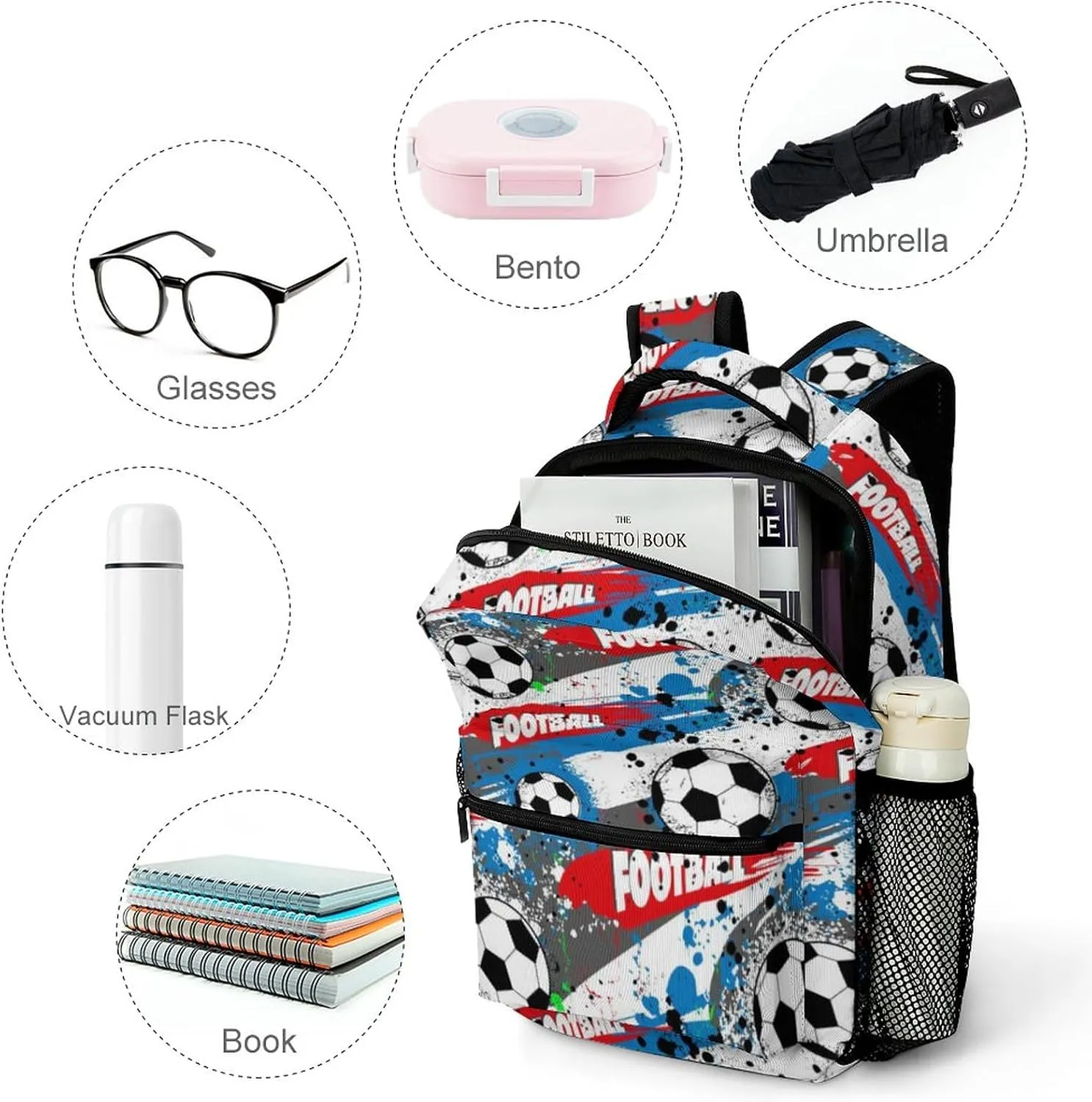 Cartoon Soccer Ball Backpack Football Large Casual Daypack with Chest Strap,Lightweight Computer Bags for Women Men Hiking Travel Work and Business 16 Inch