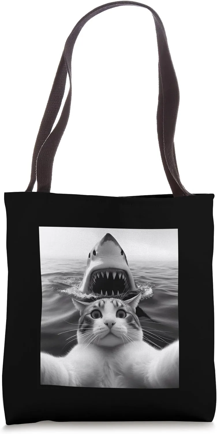Cat Selfie With Shark Funny Bold Kitty Tote Bag