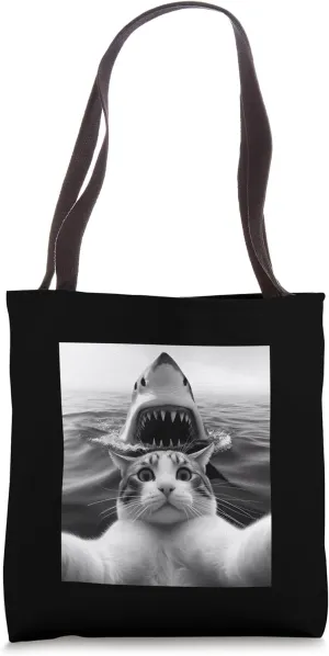 Cat Selfie With Shark Funny Bold Kitty Tote Bag