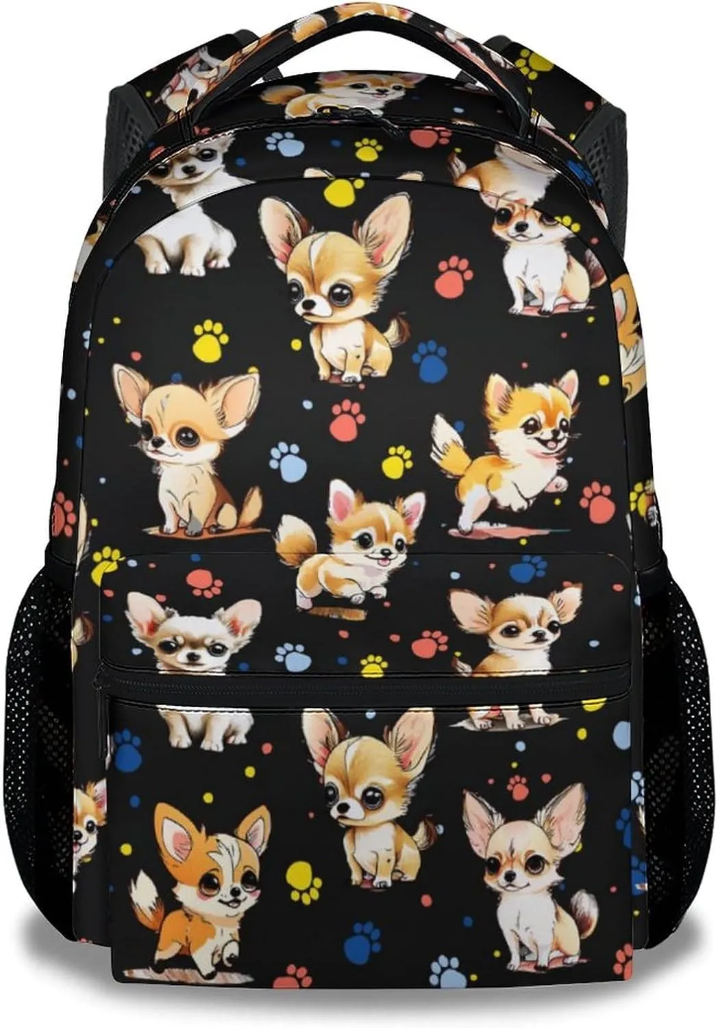 Chihuahua Dog Backpacks Kids, 16 Inch Cute Backpack for School, Black Lightweight Bookbag for Girls