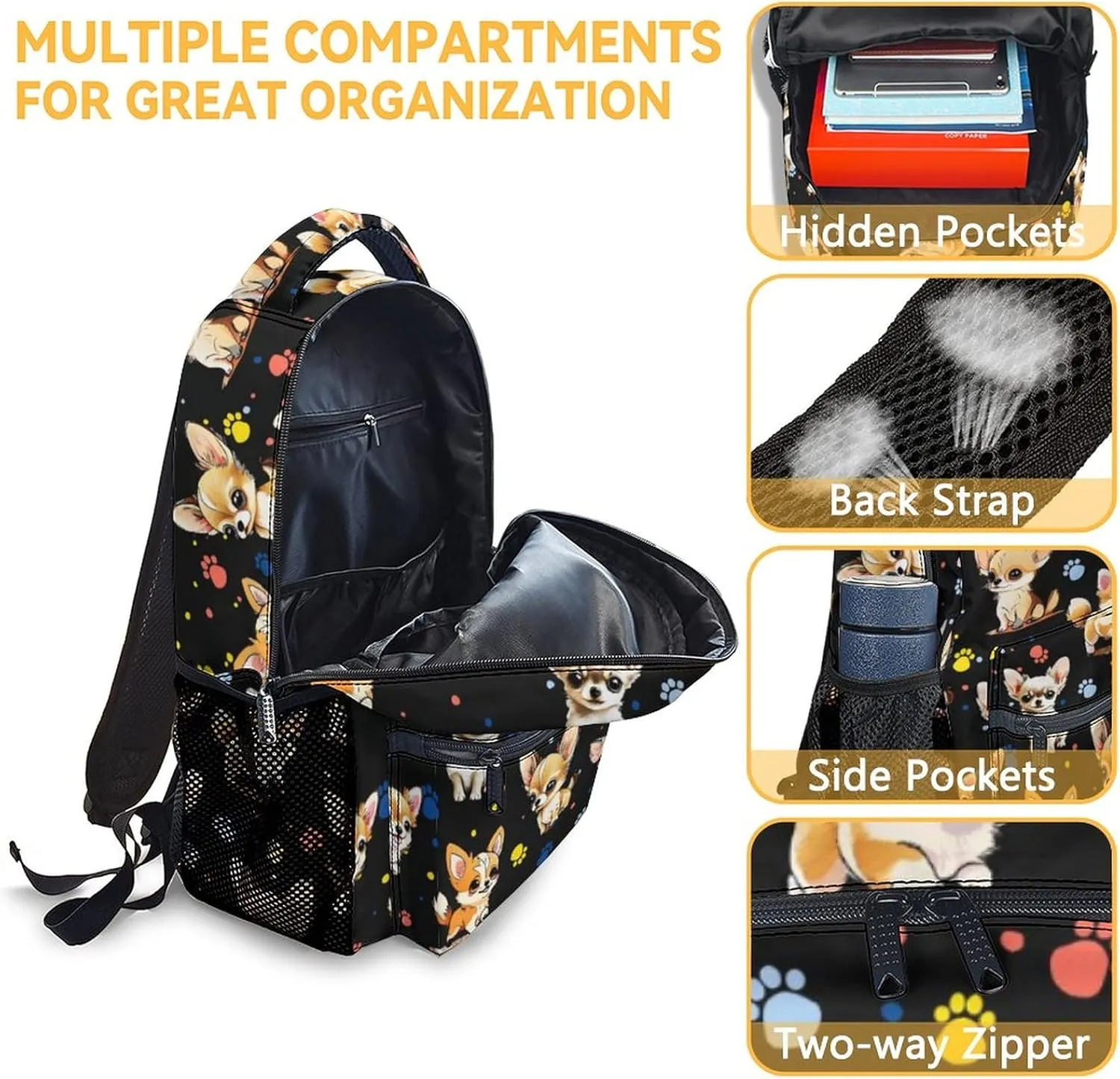 Chihuahua Dog Backpacks Kids, 16 Inch Cute Backpack for School, Black Lightweight Bookbag for Girls