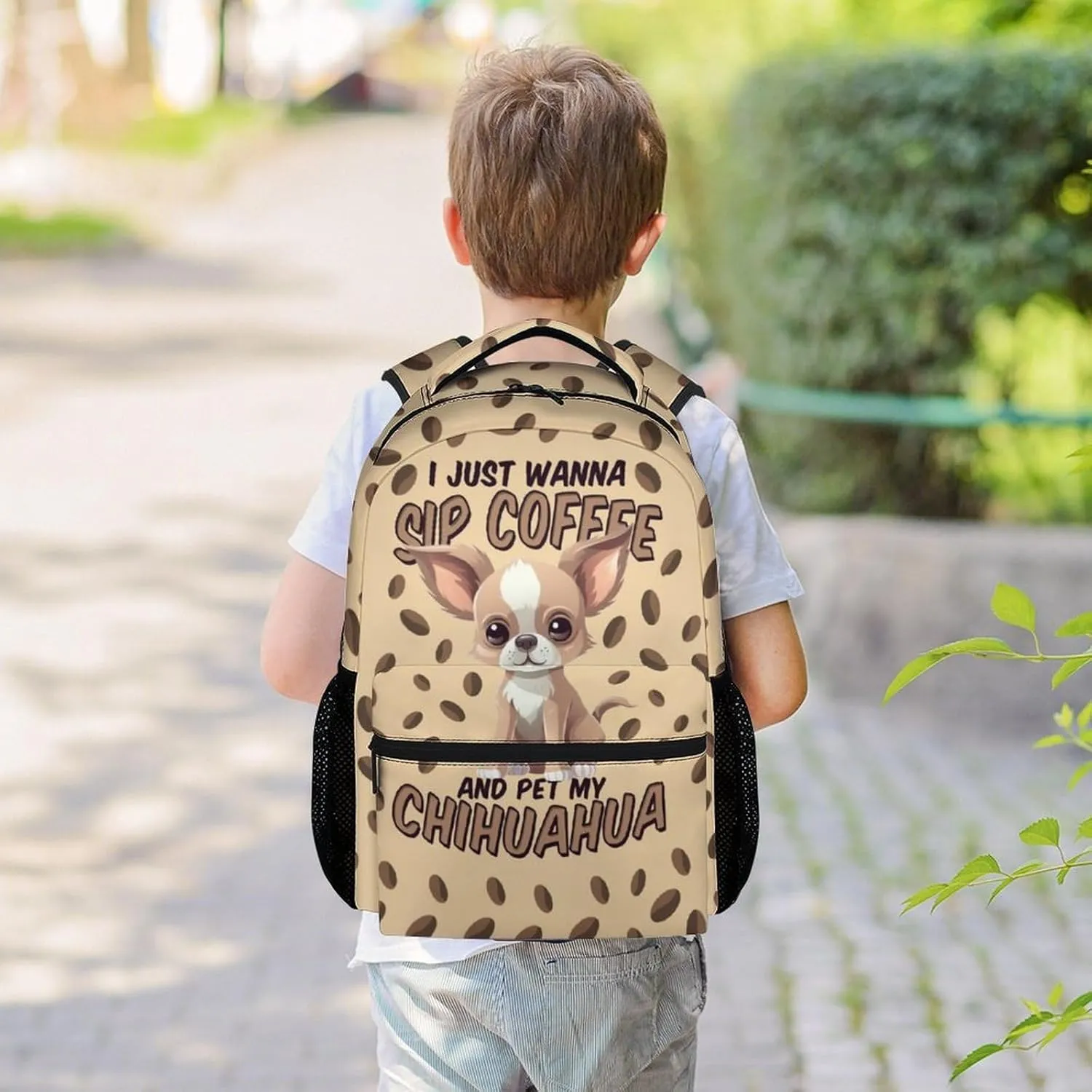 Chihuahua Dog Backpacks Kids, 16 Inch Cute Backpack for School, Brown Lightweight Bookbag for Girls