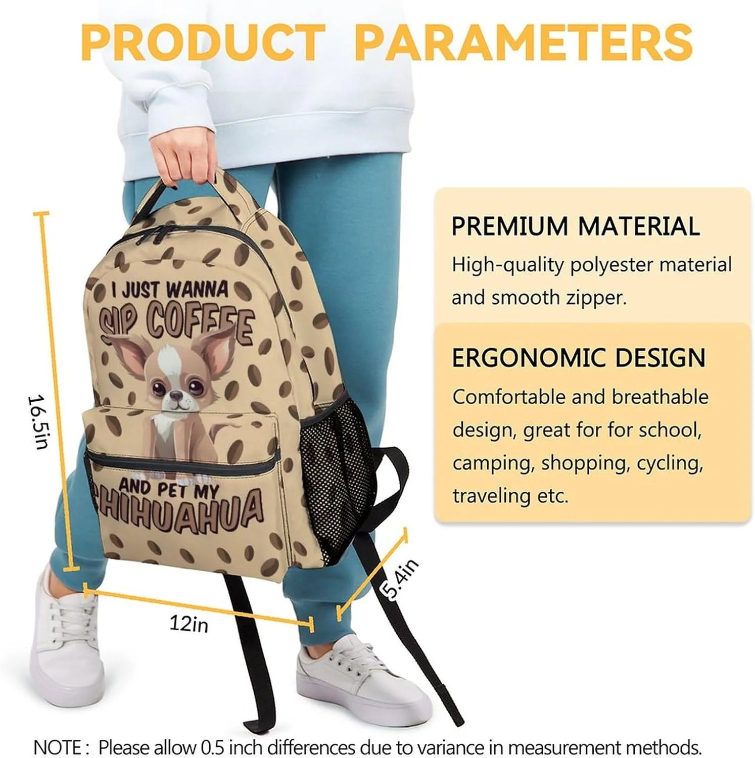 Chihuahua Dog Backpacks Kids, 16 Inch Cute Backpack for School, Brown Lightweight Bookbag for Girls