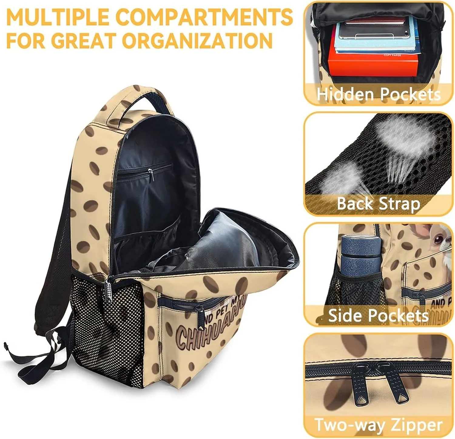 Chihuahua Dog Backpacks Kids, 16 Inch Cute Backpack for School, Brown Lightweight Bookbag for Girls