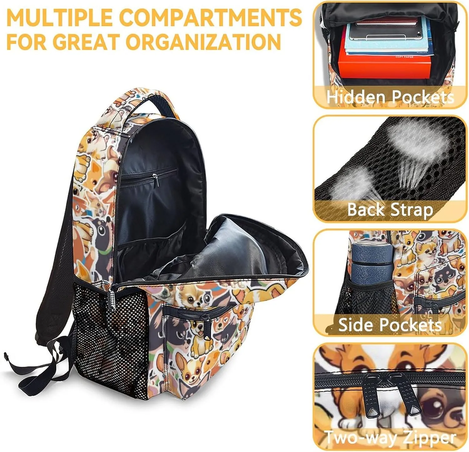 Chihuahua Dog Backpacks Kids, 16 Inch Cute Backpack for School, Yellow Lightweight Bookbag for Girls