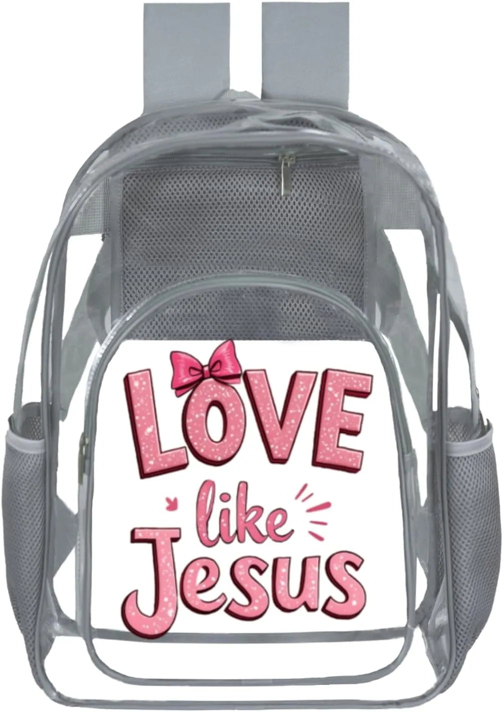 Clear Backpack for Girls - 17 Inches Heavy Duty TPU Transparent Bookbag for Kids - Jesus Cute Backpacks for Work, School, Gym, Travel (Grey)