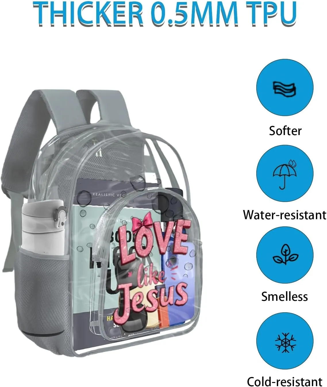 Clear Backpack for Girls - 17 Inches Heavy Duty TPU Transparent Bookbag for Kids - Jesus Cute Backpacks for Work, School, Gym, Travel (Grey)