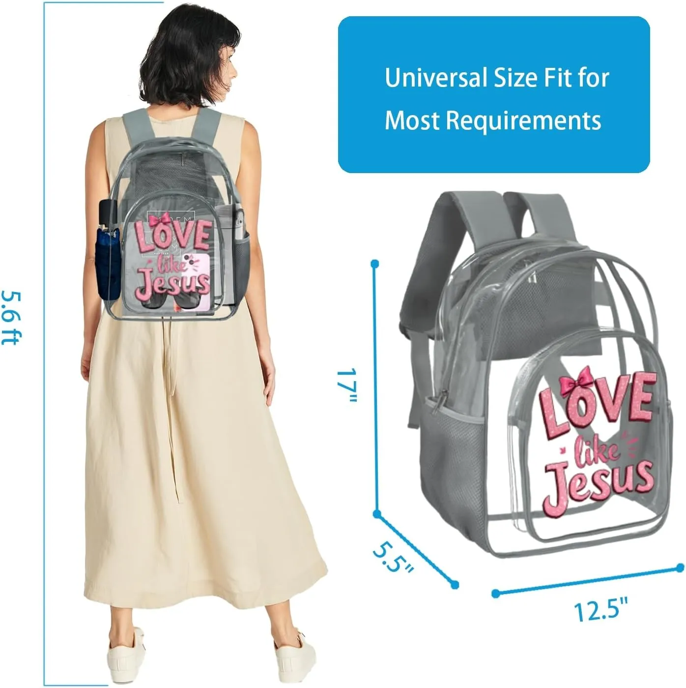 Clear Backpack for Girls - 17 Inches Heavy Duty TPU Transparent Bookbag for Kids - Jesus Cute Backpacks for Work, School, Gym, Travel (Grey)