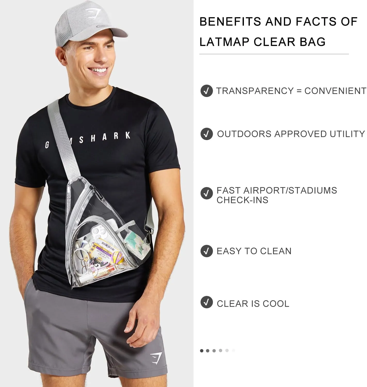Clear bags Stadium Approved Crossbody Sling Bag Fanny Pack Backpack Purses for Women Men Handbag for Stadium Events Light Grey
