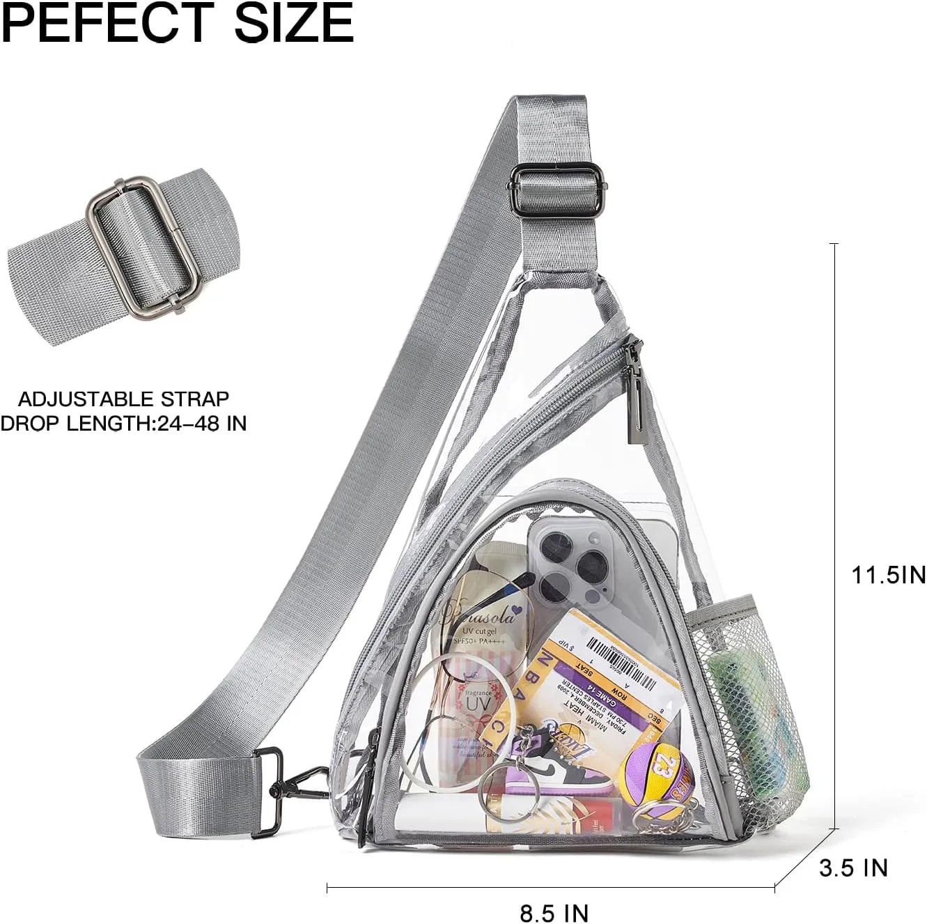 Clear bags Stadium Approved Crossbody Sling Bag Fanny Pack Backpack Purses for Women Men Handbag for Stadium Events Light Grey