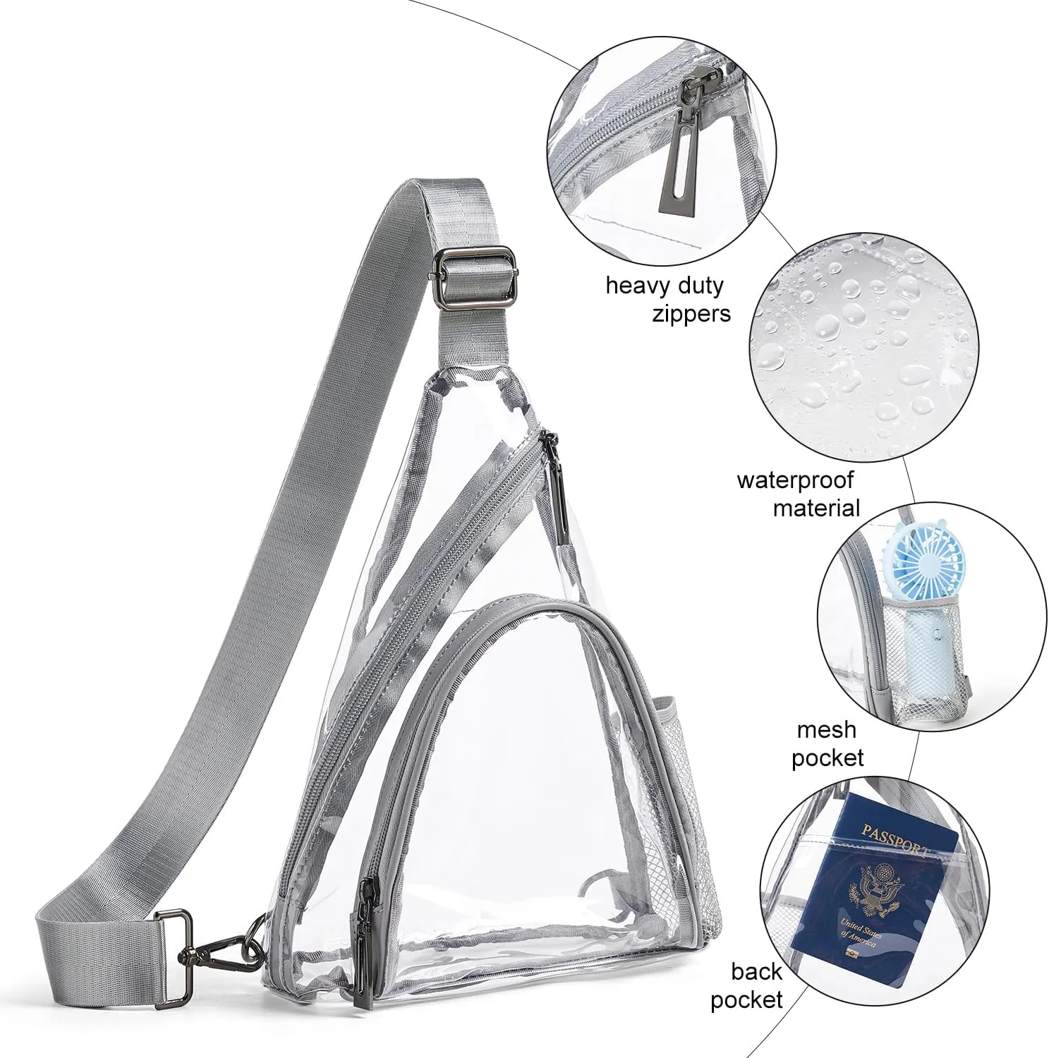 Clear bags Stadium Approved Crossbody Sling Bag Fanny Pack Backpack Purses for Women Men Handbag for Stadium Events Light Grey