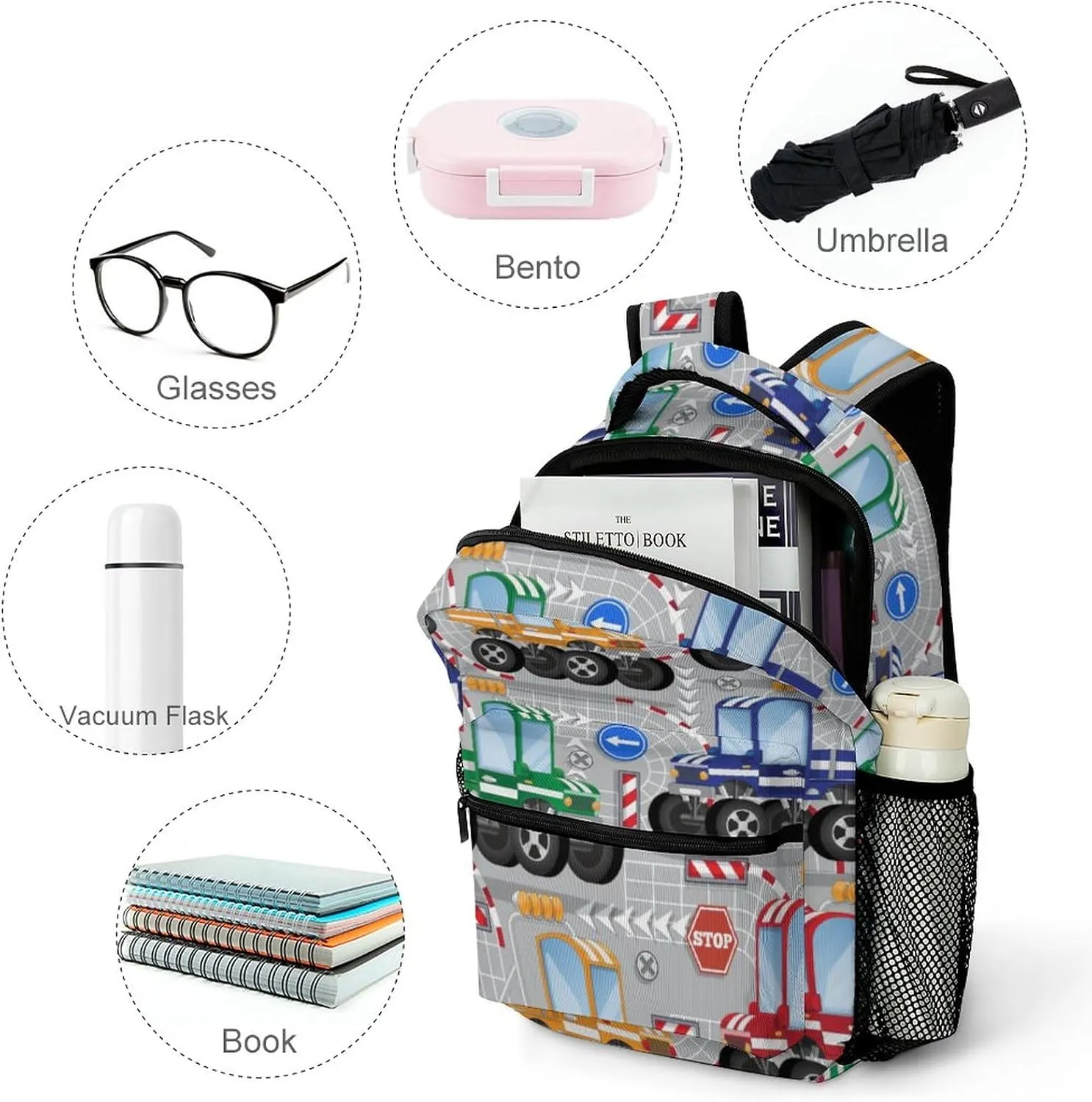 Colorful City Truck Backpack Cartoon Large computer Bags with Chest Strap,Lightweight Casual Daypack for Women Men Hiking Travel Work and Business 16 Inch
