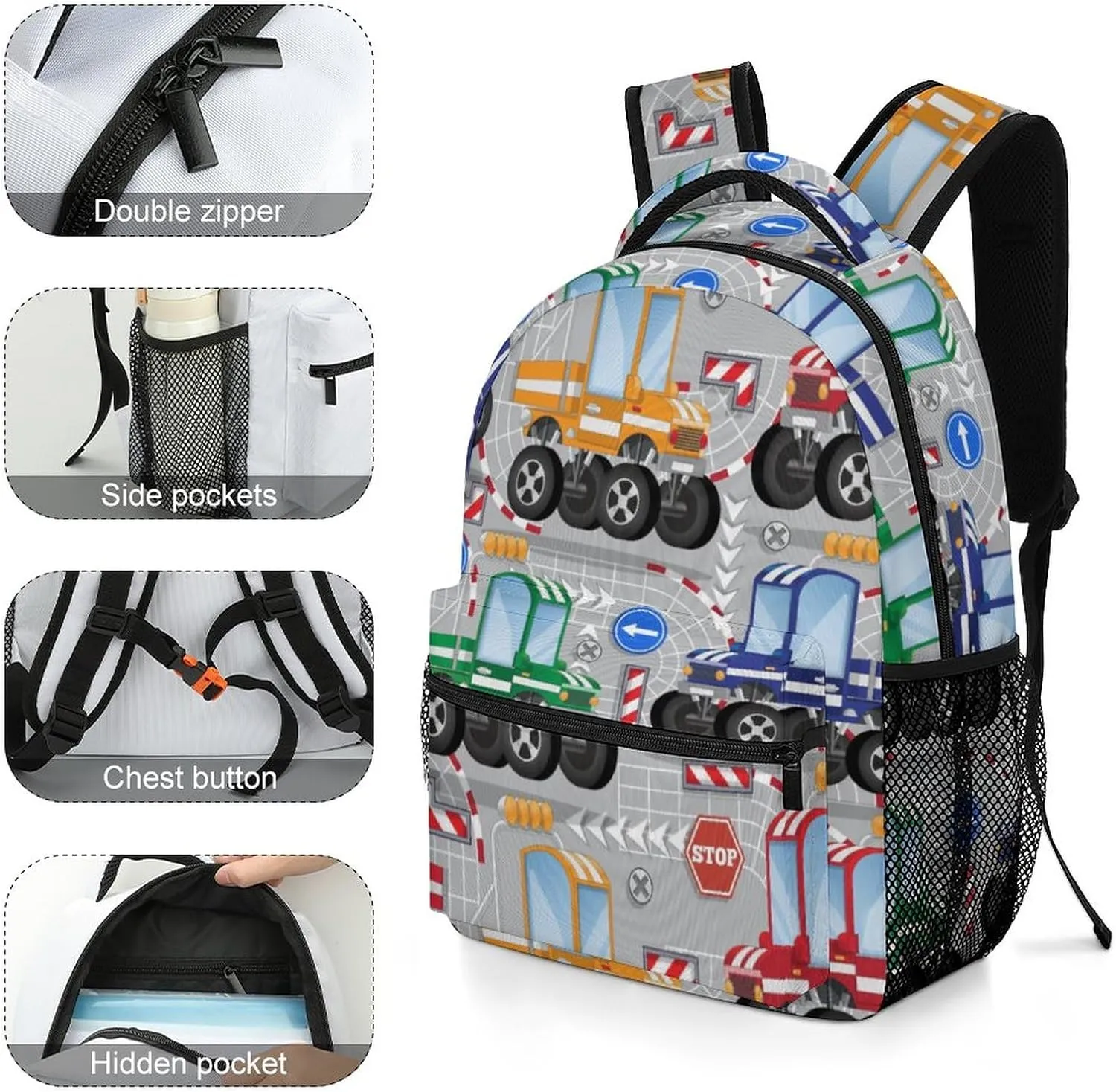 Colorful City Truck Backpack Cartoon Large computer Bags with Chest Strap,Lightweight Casual Daypack for Women Men Hiking Travel Work and Business 16 Inch