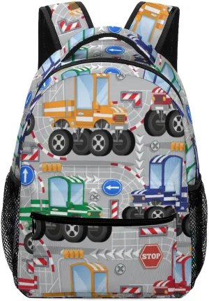 Colorful City Truck Backpack Cartoon Large computer Bags with Chest Strap,Lightweight Casual Daypack for Women Men Hiking Travel Work and Business 16 Inch