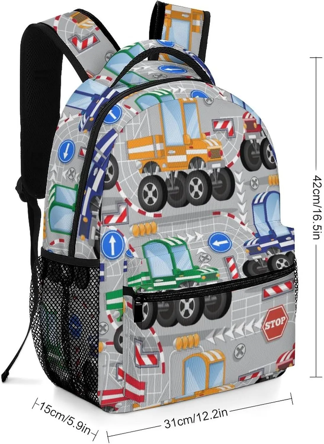 Colorful City Truck Backpack Cartoon Large computer Bags with Chest Strap,Lightweight Casual Daypack for Women Men Hiking Travel Work and Business 16 Inch