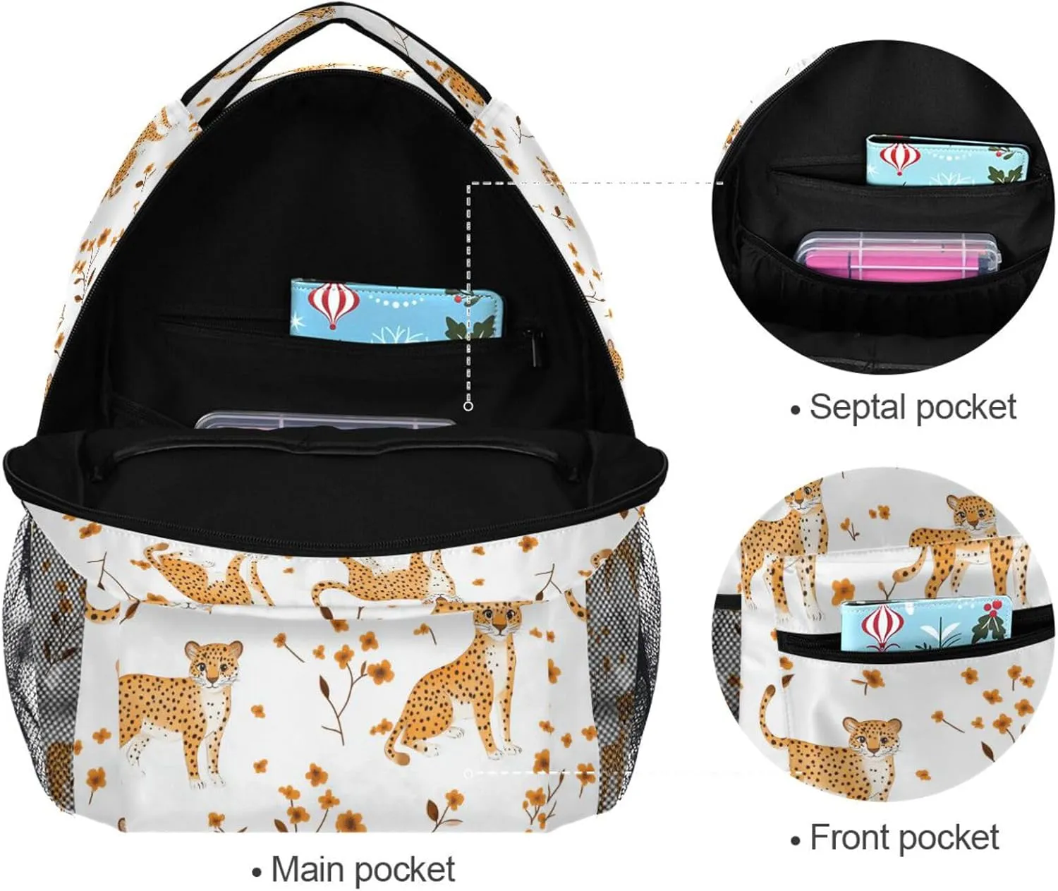 Cool Backpacks for Teacher Nurse Waterproof School Book Bag with Chest Strap Gift Men & Women Cartoon Sweet Leopard White