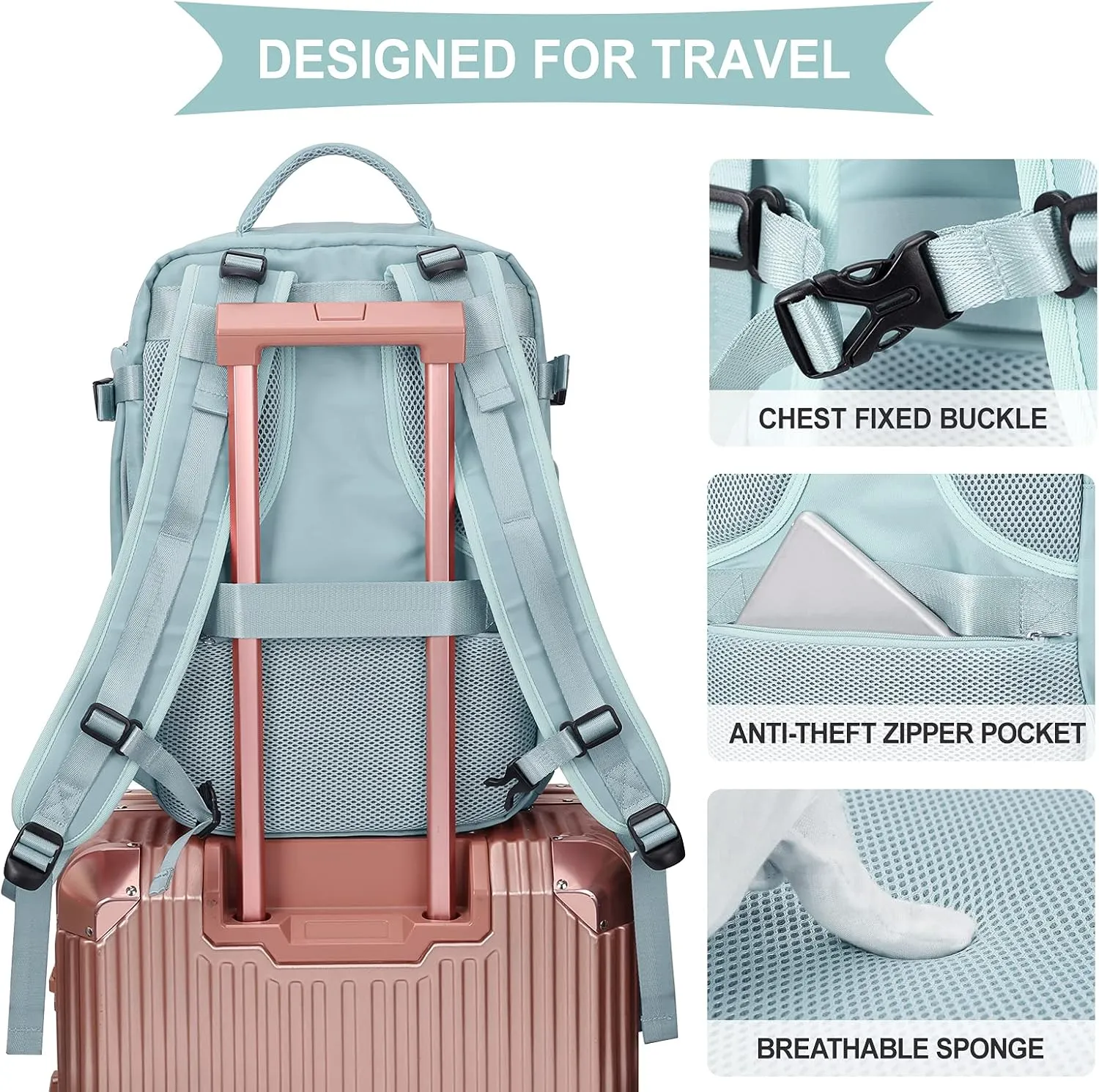coowoz Large Travel Backpack For Women Men,Carry On Rucksack Flight Approved,Hiking Backpack Waterproof Outdoor Sports Casual Daypack Fit 15.6 Inch Laptop Compartment (Blue)