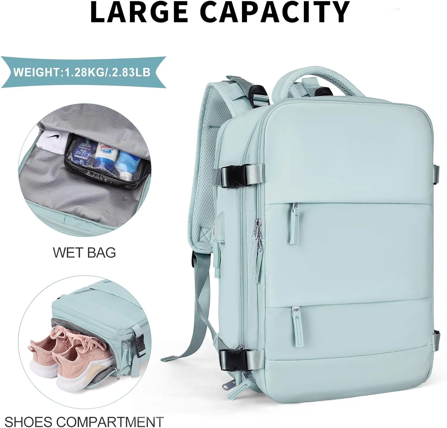 coowoz Large Travel Backpack For Women Men,Carry On Rucksack Flight Approved,Hiking Backpack Waterproof Outdoor Sports Casual Daypack Fit 15.6 Inch Laptop Compartment (Blue)