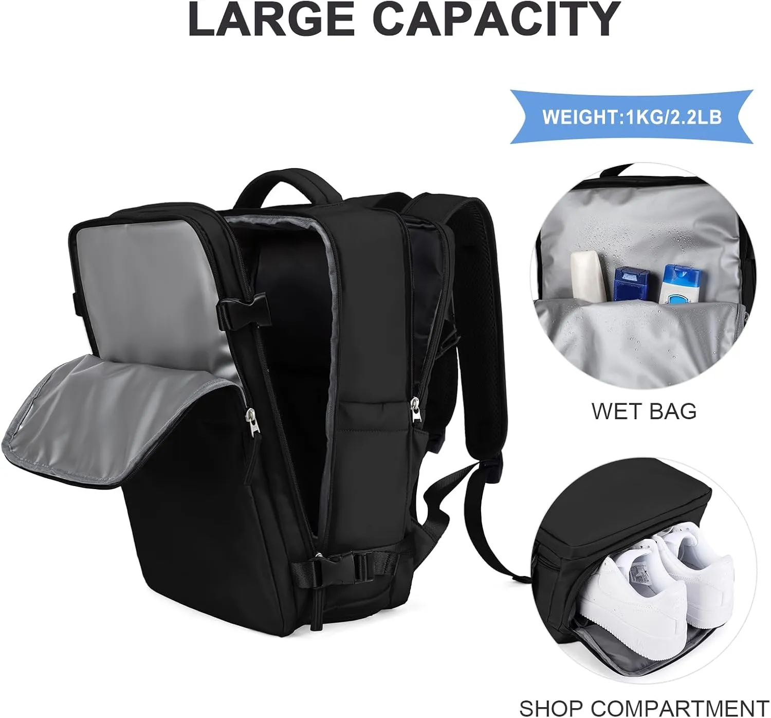 coowoz Travel Backpack For Women Men Airline Approved,Black Carry On Backpack,Large Hiking Waterproof Outdoor Sports Rucksack Casual Daypack Fit 15.6 Inch Laptop Backpack for College
