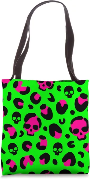 creepy halloween leopard skull pink green punk pop art goth Tote Bag