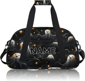 Custom Halloween Small Gym Bag 18 inch for Women Men Personalized Black and White Spooky Ghosts Carry On Overnight Weekender Bag for Travel Work Dance Sport