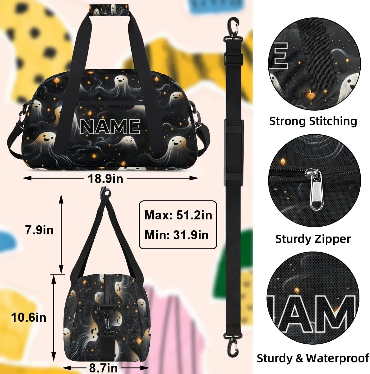 Custom Halloween Small Gym Bag 18 inch for Women Men Personalized Black and White Spooky Ghosts Carry On Overnight Weekender Bag for Travel Work Dance Sport