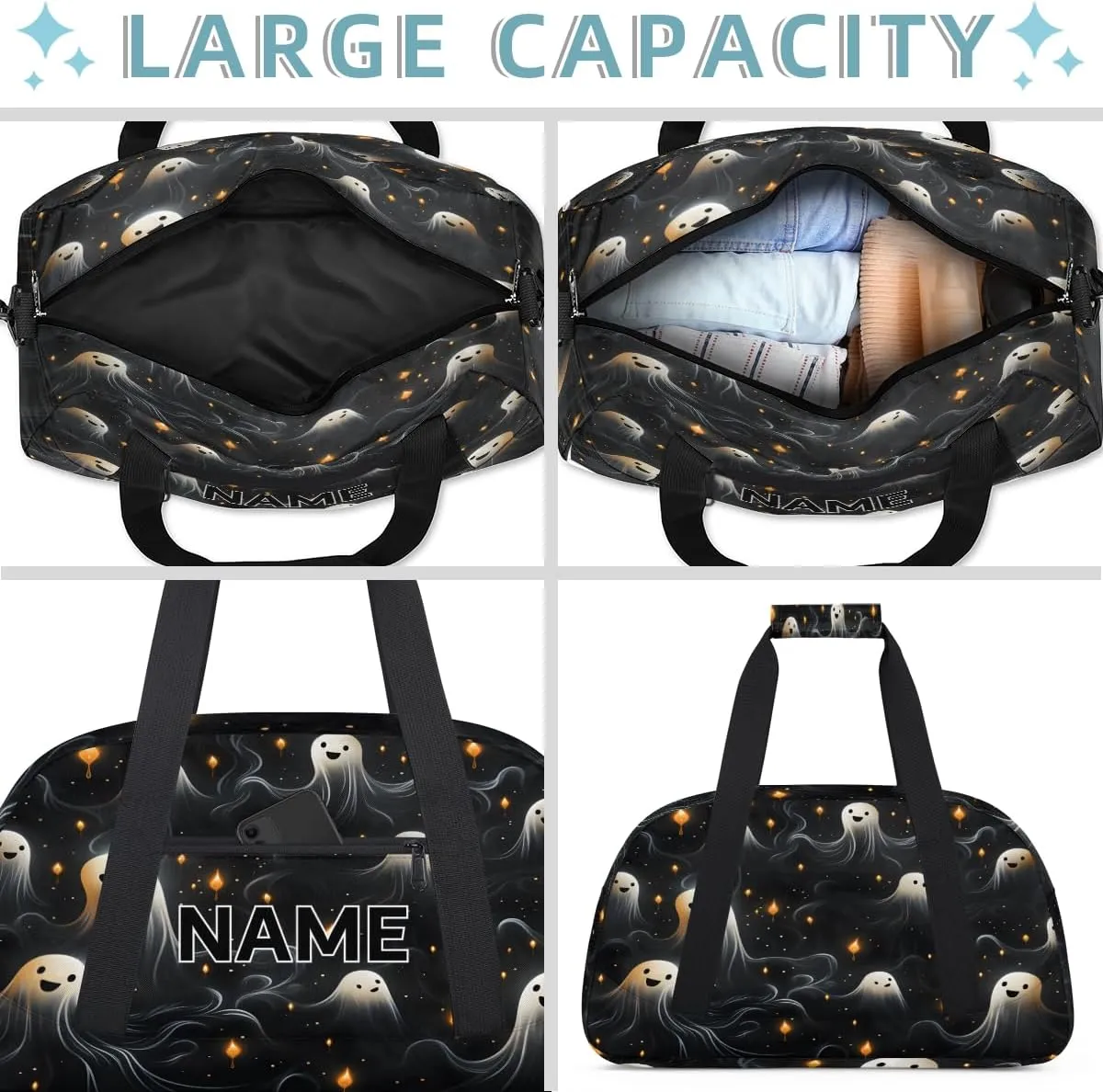 Custom Halloween Small Gym Bag 18 inch for Women Men Personalized Black and White Spooky Ghosts Carry On Overnight Weekender Bag for Travel Work Dance Sport