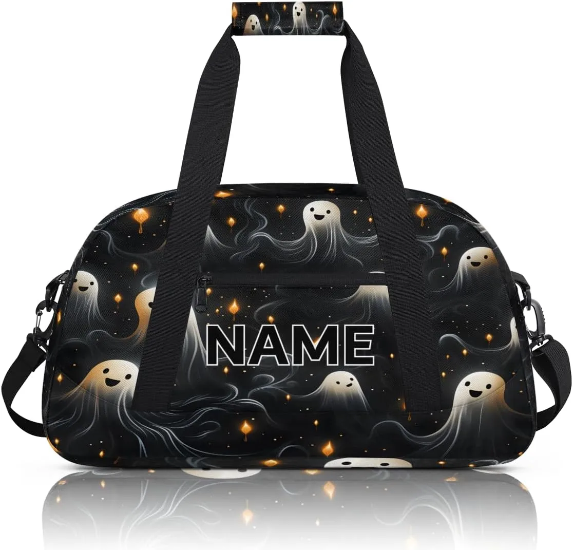 Custom Halloween Small Gym Bag 18 inch for Women Men Personalized Black and White Spooky Ghosts Carry On Overnight Weekender Bag for Travel Work Dance Sport