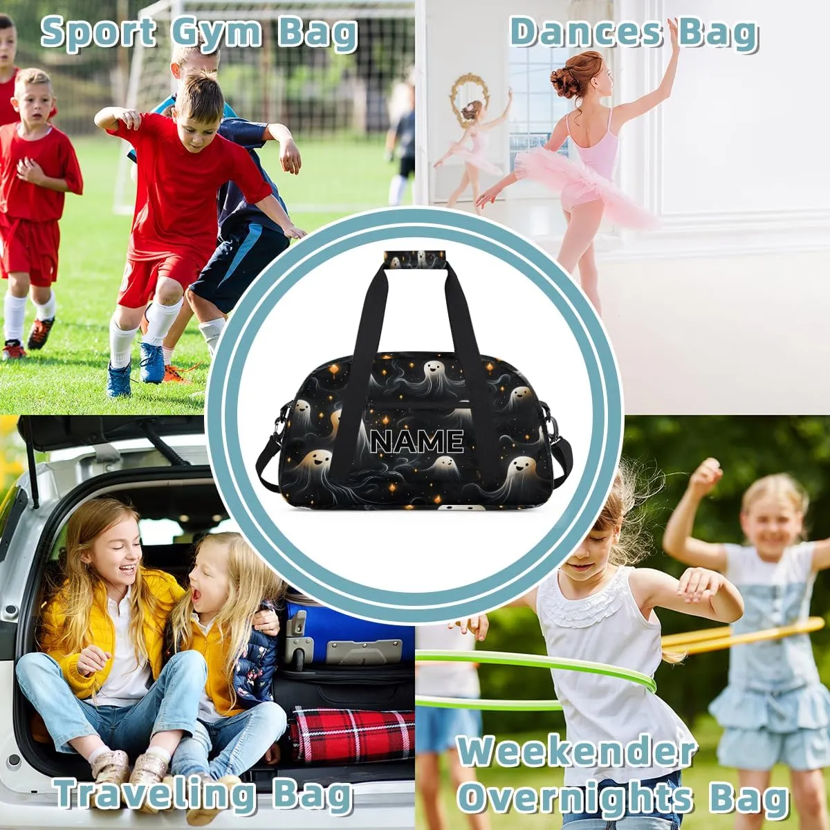 Custom Halloween Small Gym Bag 18 inch for Women Men Personalized Black and White Spooky Ghosts Carry On Overnight Weekender Bag for Travel Work Dance Sport