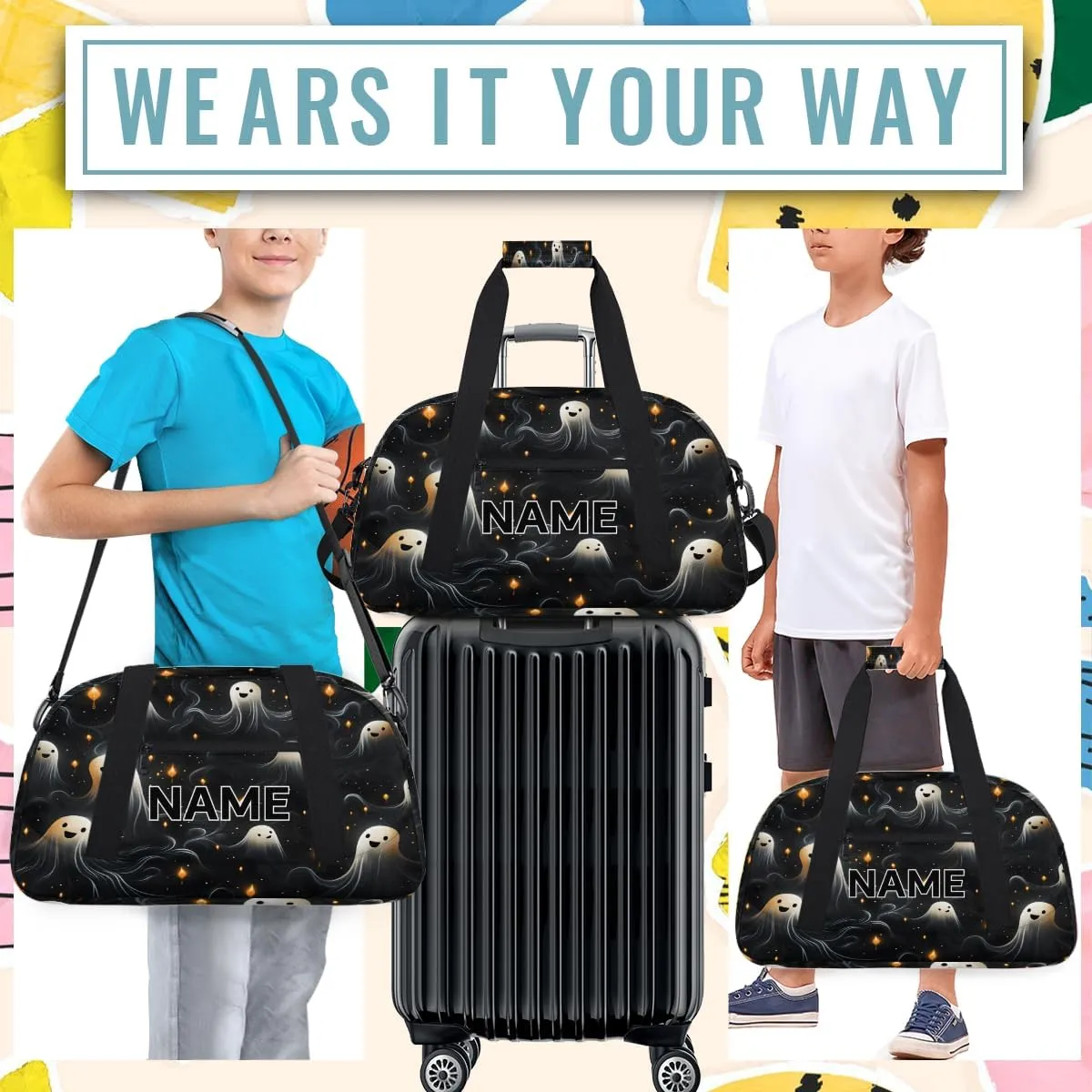 Custom Halloween Small Gym Bag 18 inch for Women Men Personalized Black and White Spooky Ghosts Carry On Overnight Weekender Bag for Travel Work Dance Sport