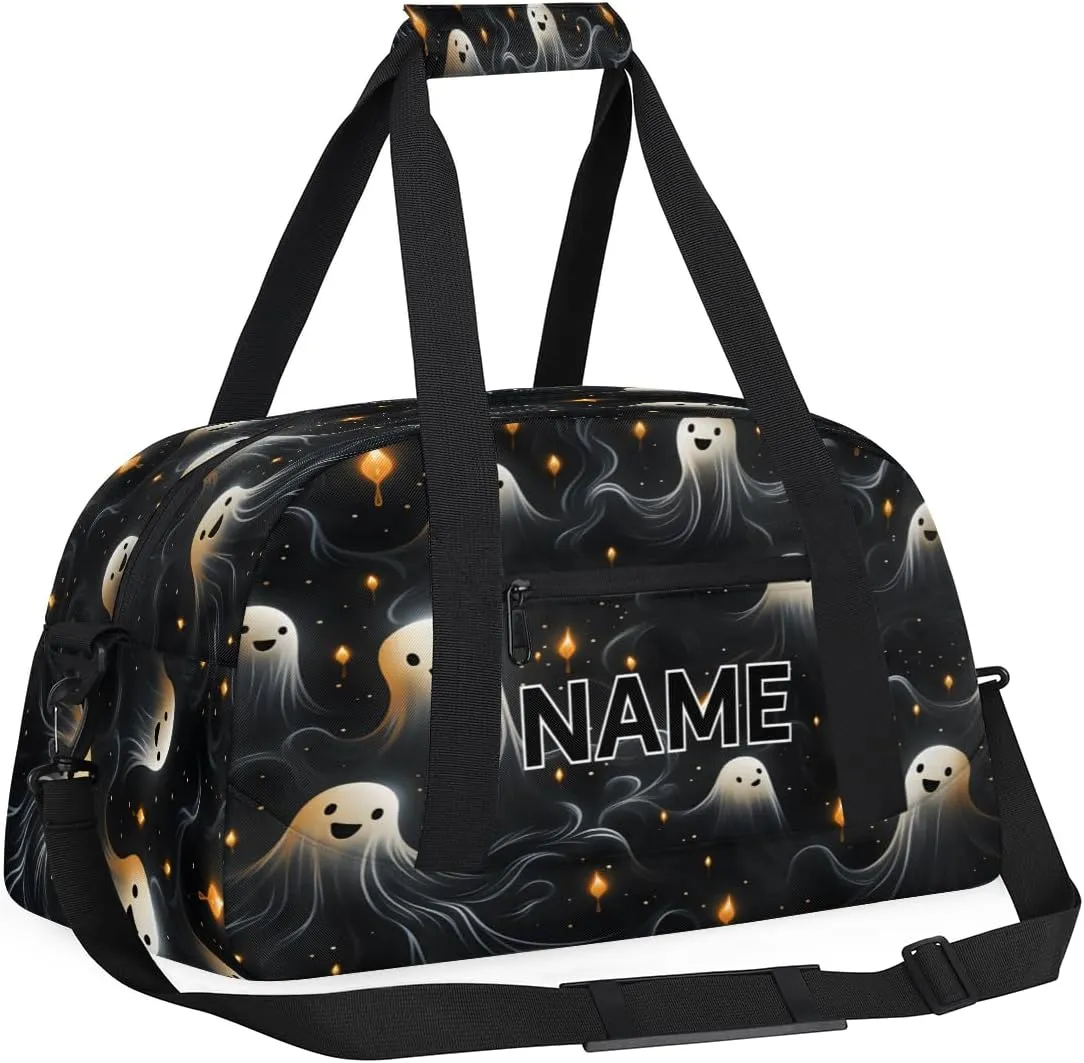 Custom Halloween Small Gym Bag 18 inch for Women Men Personalized Black and White Spooky Ghosts Carry On Overnight Weekender Bag for Travel Work Dance Sport