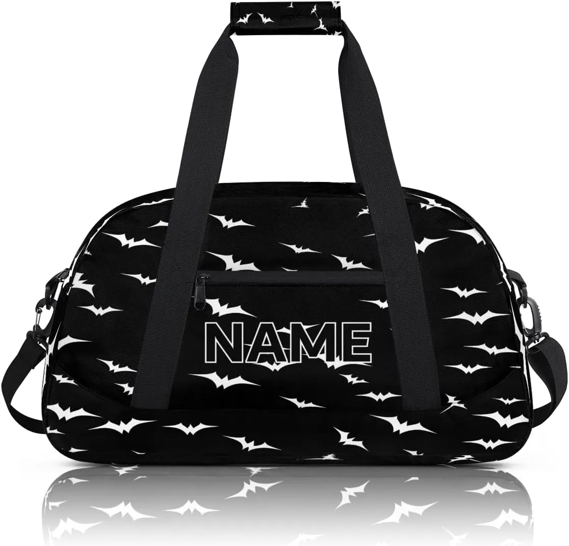 Custom Spooky Halloween Pattern Small Gym Bag 18 inch for Women Men Personalized Bats Black and White Carry On Overnight Weekender Bag for Travel Work Dance Sport