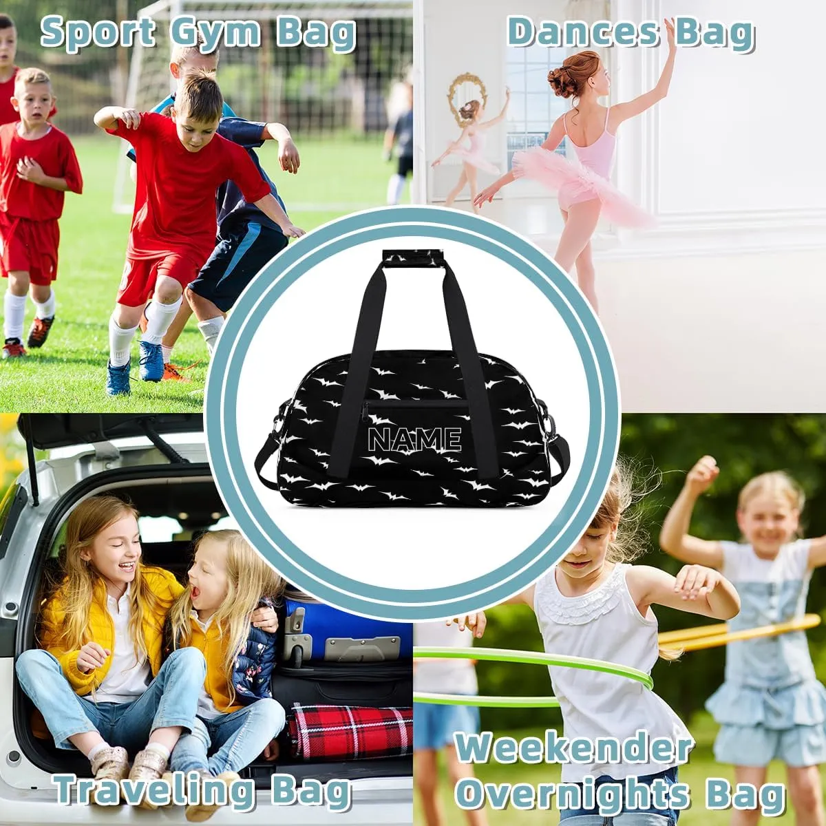 Custom Spooky Halloween Pattern Small Gym Bag 18 inch for Women Men Personalized Bats Black and White Carry On Overnight Weekender Bag for Travel Work Dance Sport