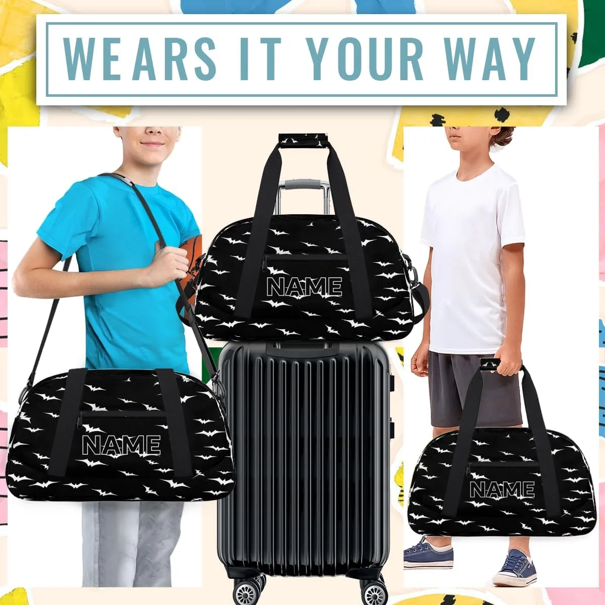 Custom Spooky Halloween Pattern Small Gym Bag 18 inch for Women Men Personalized Bats Black and White Carry On Overnight Weekender Bag for Travel Work Dance Sport